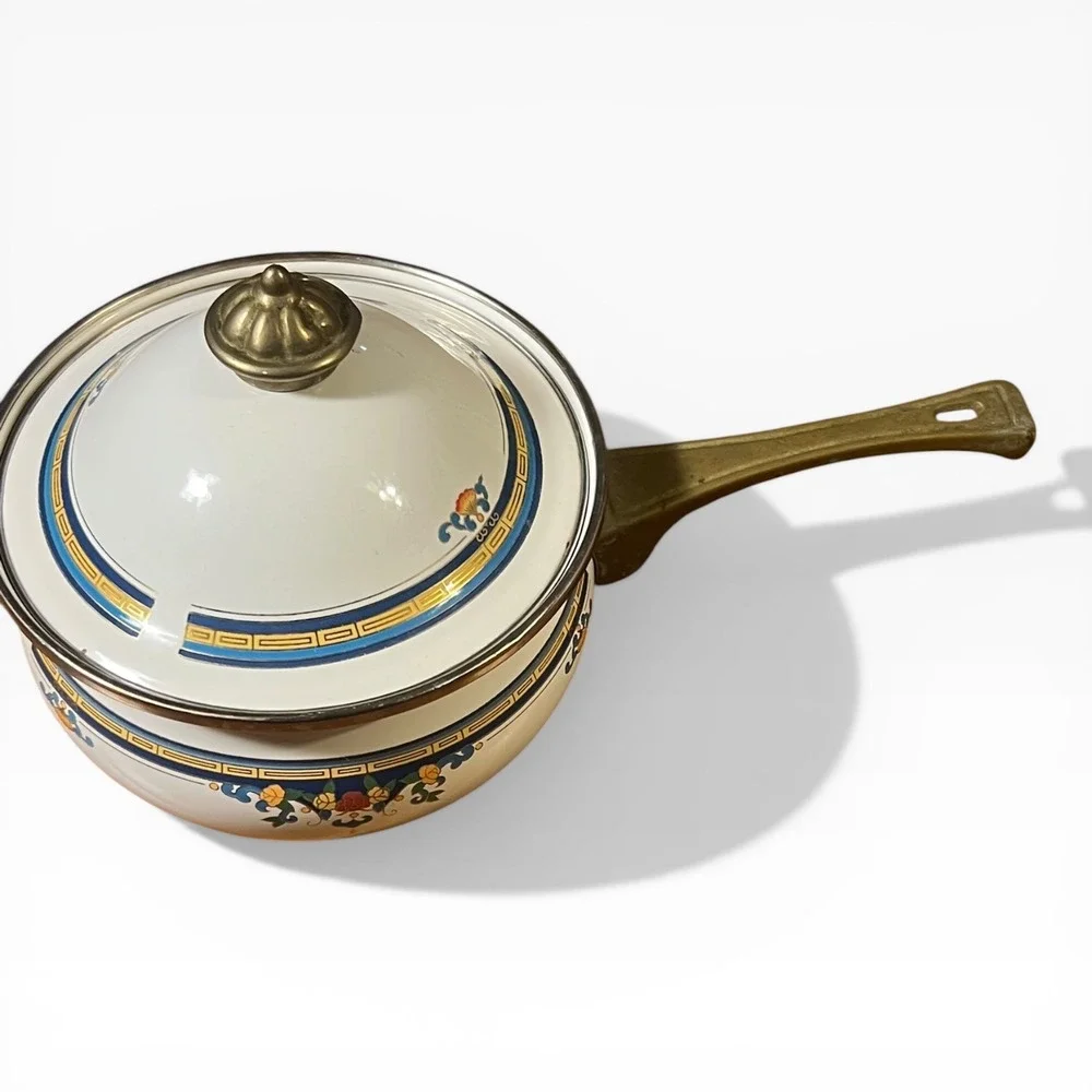 Vintage Floral Enamel Saucepan with Lid Brass Handle Chinoiserie Cream Blue Gold